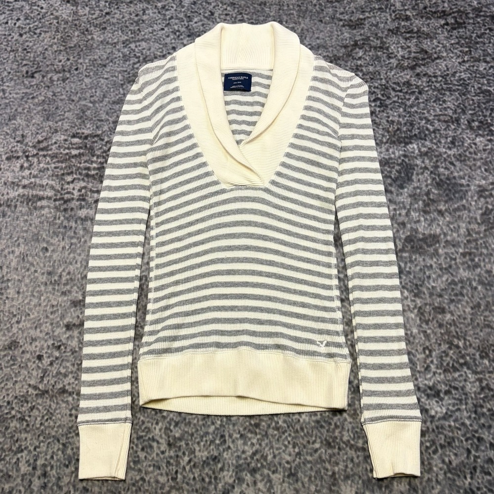 American Eagle Striped Sweater Shawl Collar Womens Medium White Gray Knit Y2K